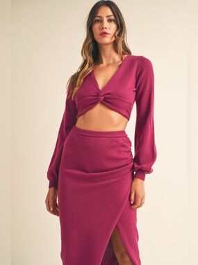 MABLE Front Twisted Knit Top and Midi Skirt Set